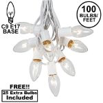 100 C9 Christmas Light Set - Clear Bulbs - White Wire