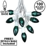100 C9 Christmas Light Set - Green Bulbs - White Wire