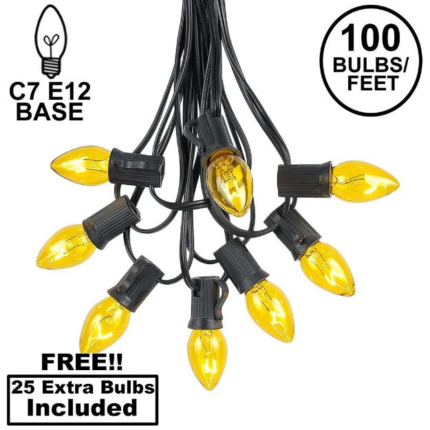 100 C7 String Light Set with Yellow Bulbs on Black Wire