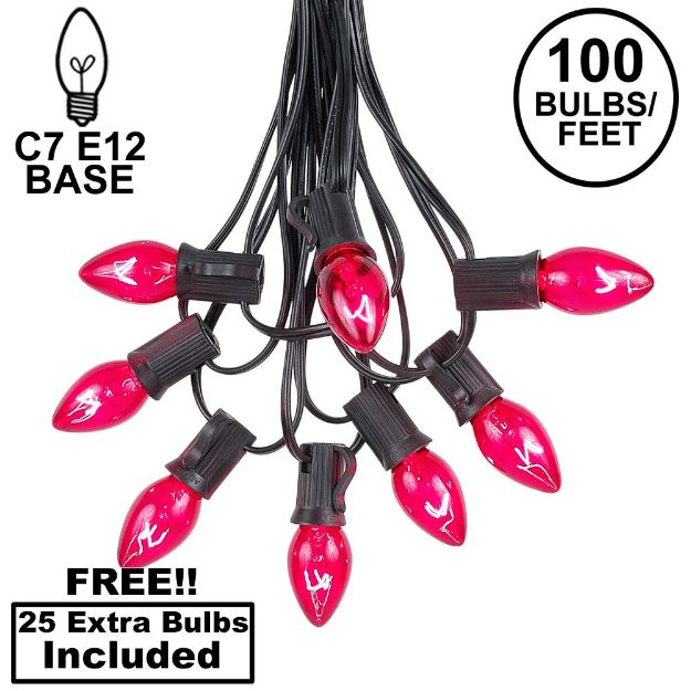 100 C7 String Light Set with Pink Bulbs on Black Wire