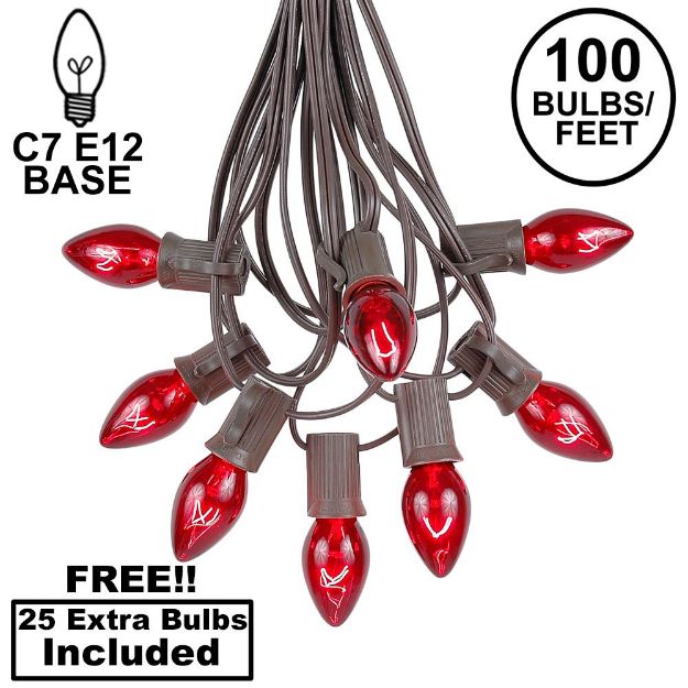 100 C7 String Light Set with Red Bulbs on Brown Wire