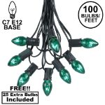 100 C7 String Light Set with Green Bulbs on Black Wire