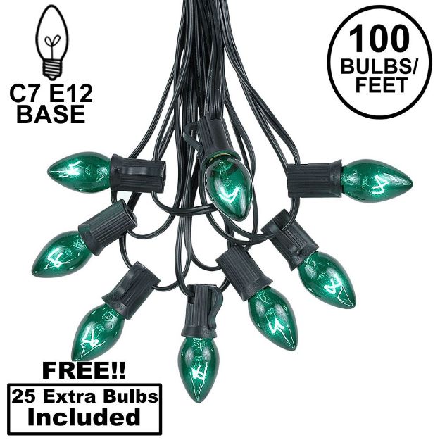 100 C7 String Light Set with Green Bulbs on Black Wire