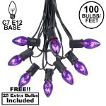 100 C7 String Light Set with Purple Bulbs on Black Wire