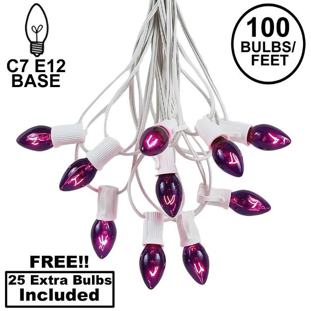 100 C7 String Light Set with Purple Bulbs on White Wire