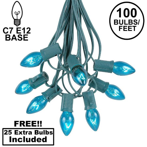 100 C7 String Light Set with Teal Bulbs on Green Wire