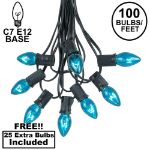 100 C7 String Light Set with Teal Bulbs on Black Wire
