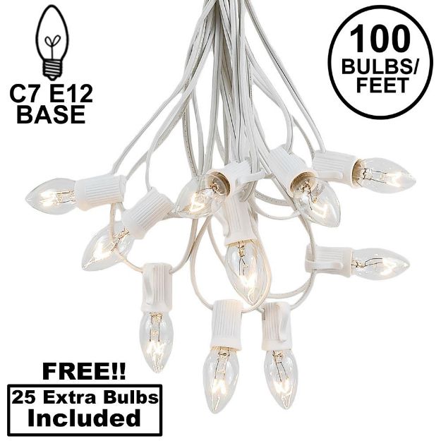 100 C7 String Light Set with Clear Bulbs on White Wire