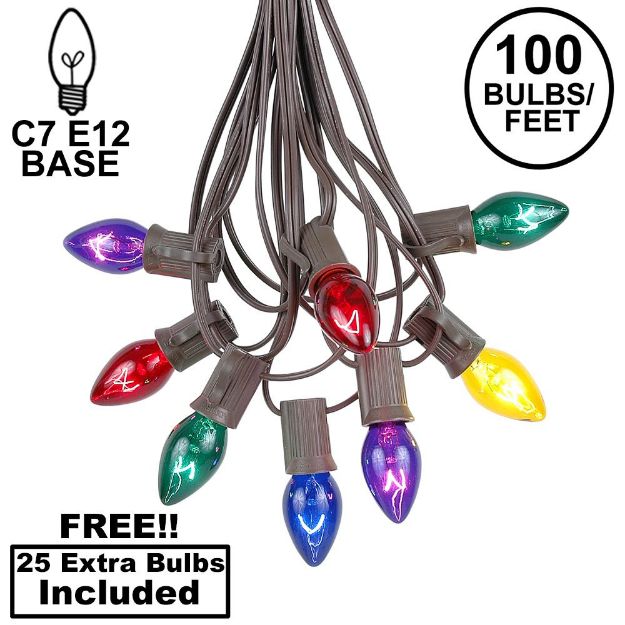 100 C7 String Light Set with Assorted Bulbs on Brown Wire