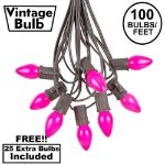 100 C7 String Light Set with Pink Ceramic Bulbs on Brown Wire