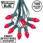 100 C7 String Light Set with Red Ceramic Bulbs on Green Wire