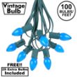 100 C7 String Light Set with Blue Ceramic Bulbs on Green Wire