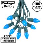 100 C7 String Light Set with Blue Ceramic Bulbs on Green Wire