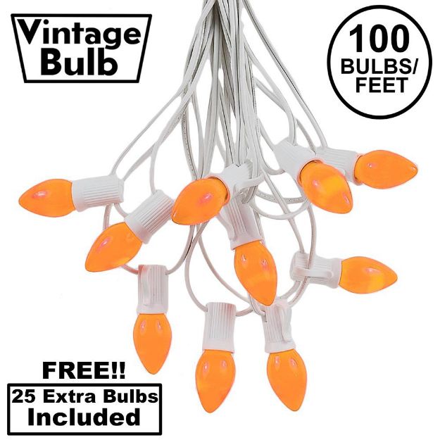 100 C7 String Light Set with Orange Ceramic Bulbs on White Wire