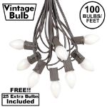 100 C7 String Light Set with White Ceramic Bulbs on Brown Wire