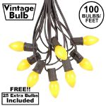 100 C7 String Light Set with Yellow Ceramic Bulbs on Brown Wire