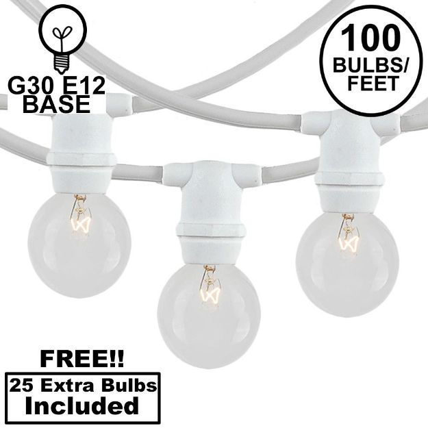 100 Clear G30 Commercial Grade Candelabra Base Light Set - White Wire