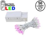 50 LED Battery Operated Lights Pink on White Wire