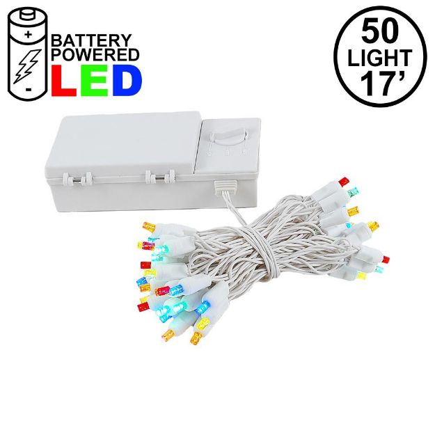 50 LED Battery Operated Lights Multi on White Wire