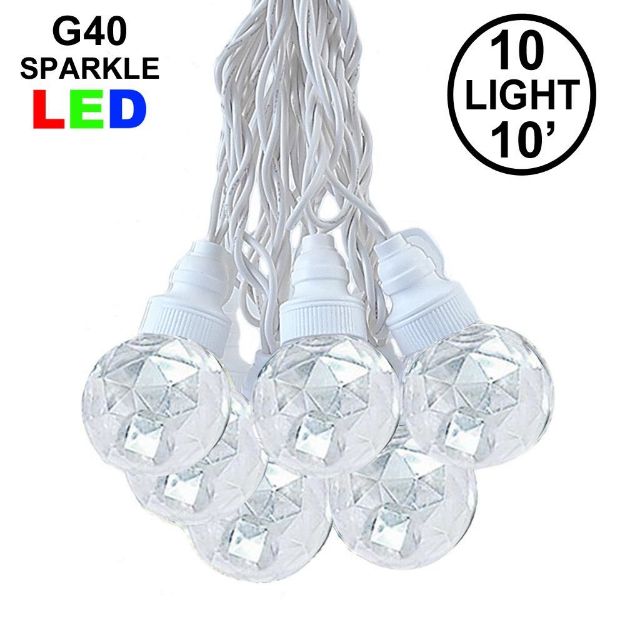 10 Pure White Sparkle Orb LED G40 Pre-Lamped String Lights White Wire