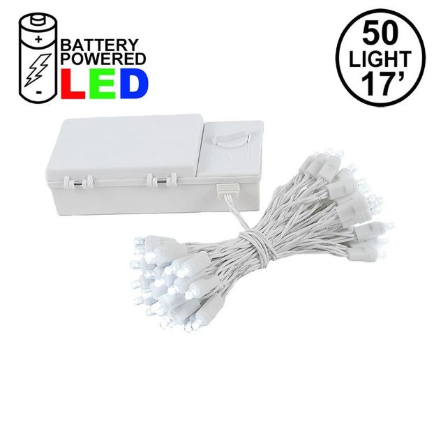 50 LED Battery Operated Lights Pure White on White Wire