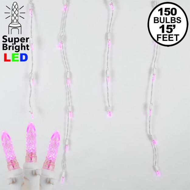 Pink LED Icicle Lights on White Wire 150 Bulbs