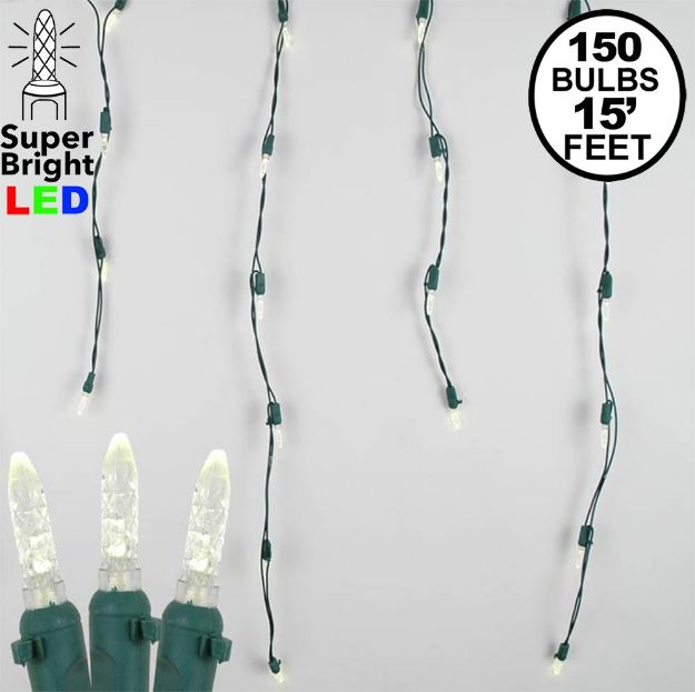 Warm White LED Icicle Lights on Green Wire 150 Bulbs