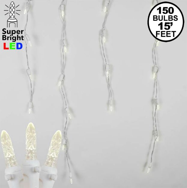Warm White LED Icicle Lights on White Wire 150 Bulbs