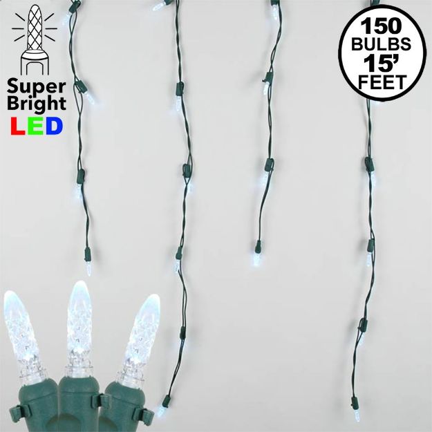 Pure White LED Icicle Lights on Green Wire 150 Bulbs