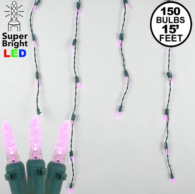 Pink LED Icicle Lights on Green Wire 150 Bulbs