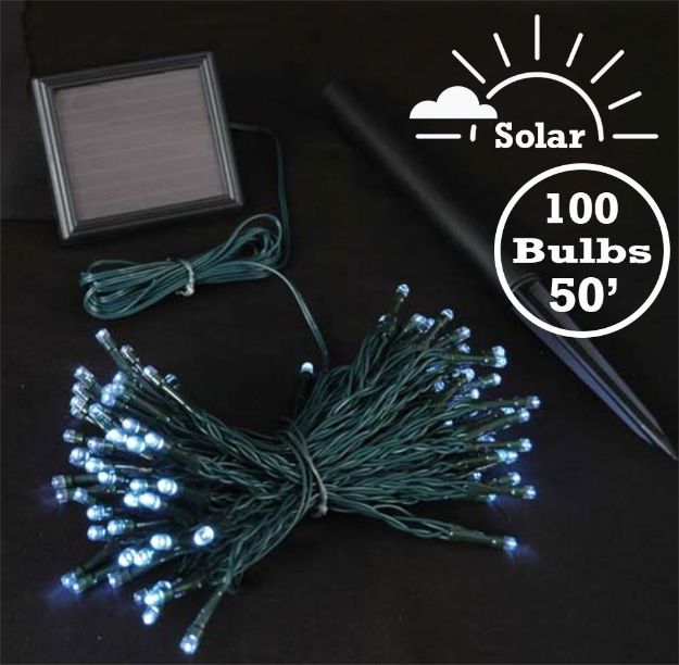 Pure White LED Solar Powered Lights 100 Light String Green Wire