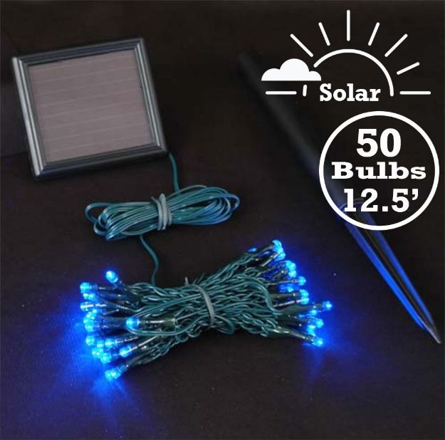 Blue LED Solar Powered Lights 50 Light String Green Wire