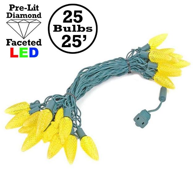 25 Yellow C9 LED Pre-Lamped String Lights Green Wire