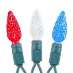 Red White & Blue 70 LED C6 Strawberry Mini Lights Commercial Grade on Green Wire
