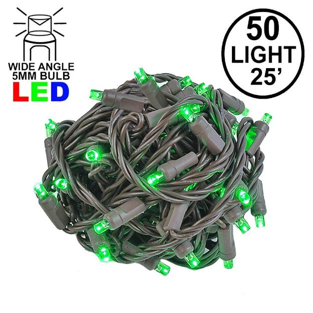Commercial Grade Wide Angle 50 LED Green 25' Long on Brown Wire