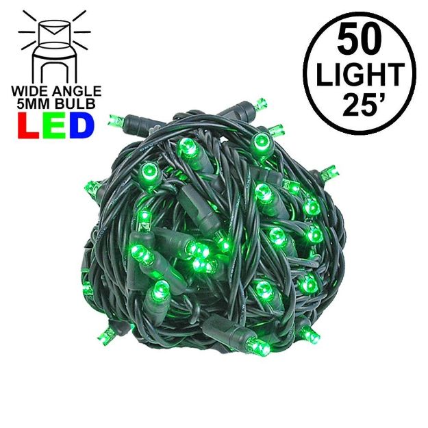 Commercial Grade Wide Angle 50 LED Green 25' Long on Black Wire