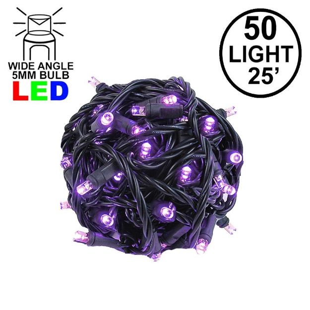 Commercial Grade Wide Angle 50 LED Purple 25' Long on Black Wire