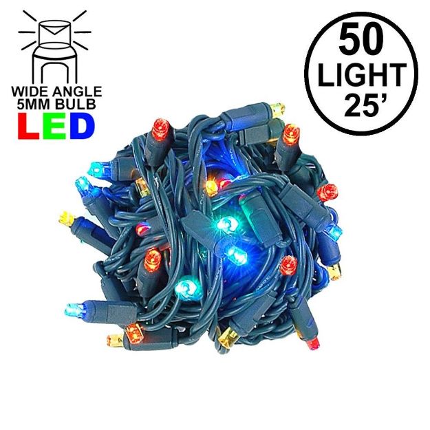 Commercial Grade Wide Angle 50 LED Multi 25' Long on Green Wire