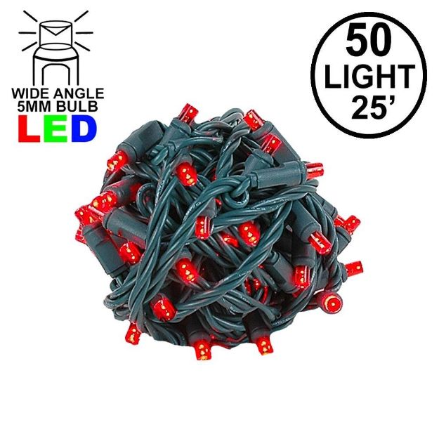 Commercial Grade Wide Angle 50 LED Red 25' Long on Green Wire
