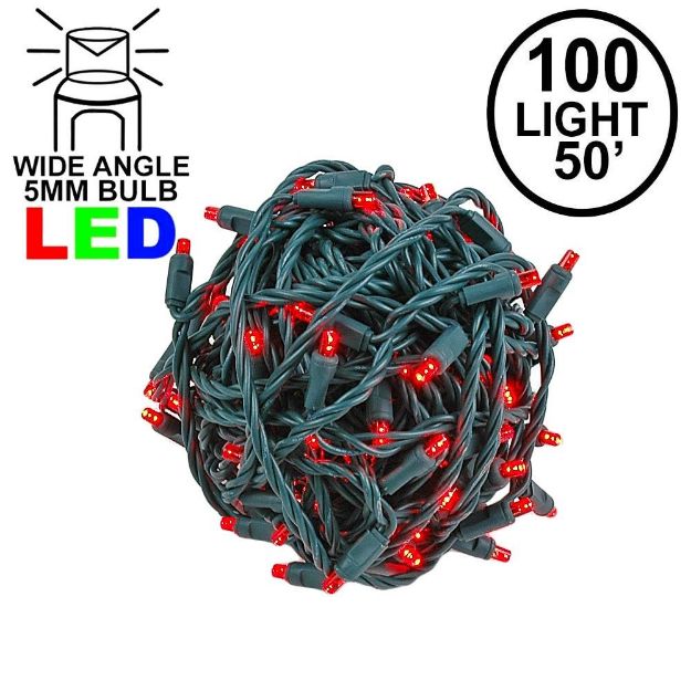 Commercial Grade Wide Angle 100 LED Red 50' Long on Green Wire